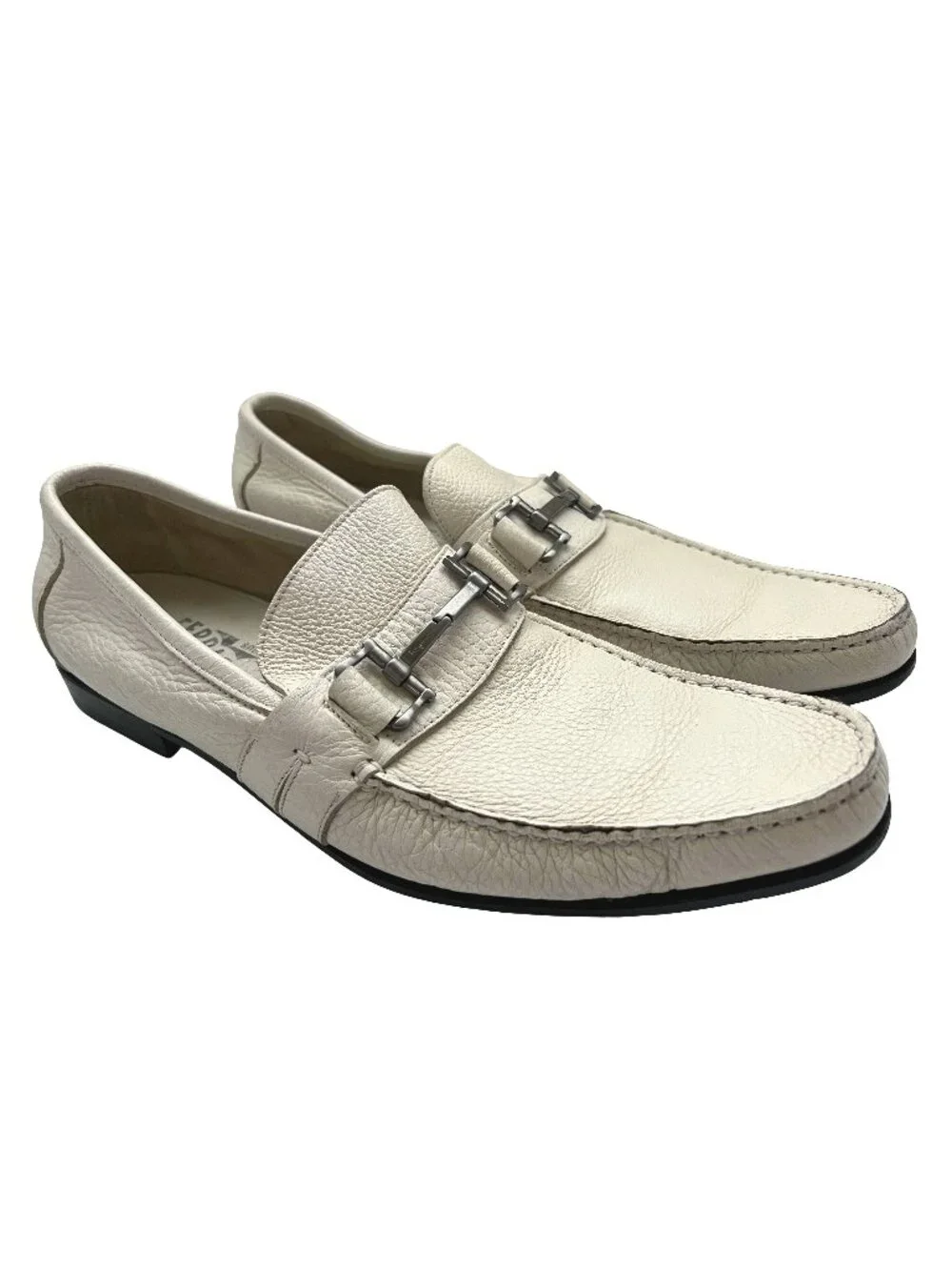 $1050 Salvatore Ferragamo White PHOENIX Shoes Gancini Silver Bit Loafers 9.5 D